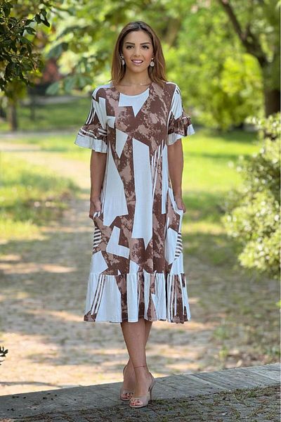 Nevin Kaya Moda Καφέ Κρέμα Pablo Φούστες με μοτίβο με βολάν Καλοκαιρινό χτενισμένο βαμβακερό φόρεμα