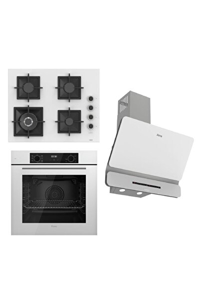 Ferre FLOWART-SILENTART Serisi Beyaz Set (SC406-WFA + QBL63CB +D081-SA ) - Döküm Izgara / 65 cm Ocak