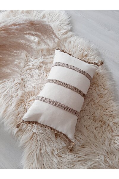 Goshıkı Gri Örgülü Beyaz Renk El Örgüsü Makrome Kırlent Kılıf 49X34