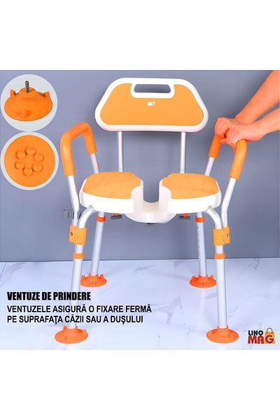 Linomag Scaun de duș din aluminiu, înălțime reglabilă, spătar, ventuze, mânere detașabile, portocaliu