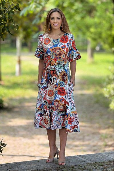 Nevin Kaya Moda Cream Tuscan Patterned Skirts Ruffled Summer Dress in Combed Cotton