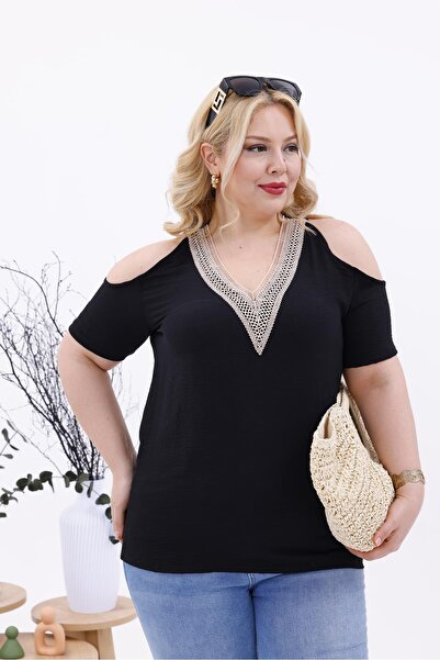 Siyezen Plus Size Lace Collar Off Shoulder Low-Cut Blouse