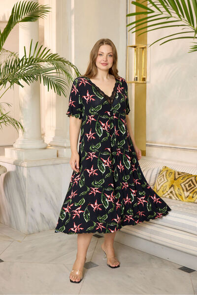 Miss Meryem Çiçek Desenli Lacivert Ring Viskon Kısa Kol Elbise