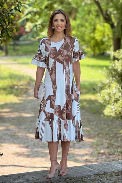 Nevin Kaya Moda Καφέ Κρέμα Pablo Φούστες με μοτίβο με βολάν Καλοκαιρινό χτενισμένο βαμβακερό φόρεμα