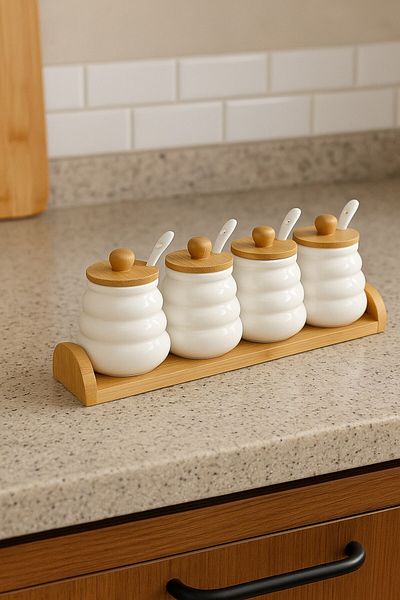 morponi Set of 4 Porcelain Spice Shakers with Bamboo Stand and Spoon
