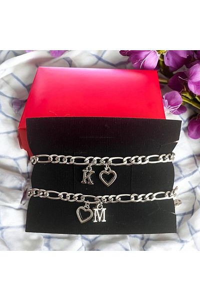 pofudukcase Steel Double Letter and Heart Detailed Lover, Friend, Father, Mother Bracelet Boxed