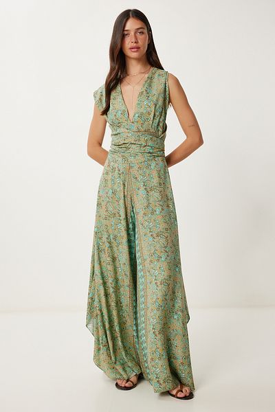Lovelyİstanbul Ολόσωμη φόρμα με μοτίβο Halter Neck Viscose ΜΠΕΖ ΠΡΑΣΙΝΟ LFG0009