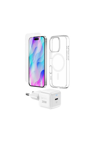 QDOS حزمة البدء لجهاز iPhone 16 Pro - كابل هجين قابل للفصل، 20 واط PowerCube US، زجاج ECO، أبيض/شفاف