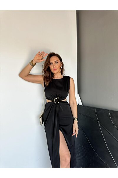 Zerrincan Giyim Siyah Pencere Detaylı Tokalı Elbise