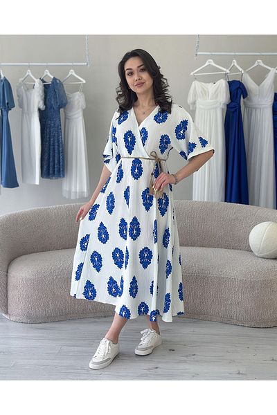 the ZKS Women's Patterned Bat Sleeve Summer Midi Dress Laicvert, White, Blue Floral