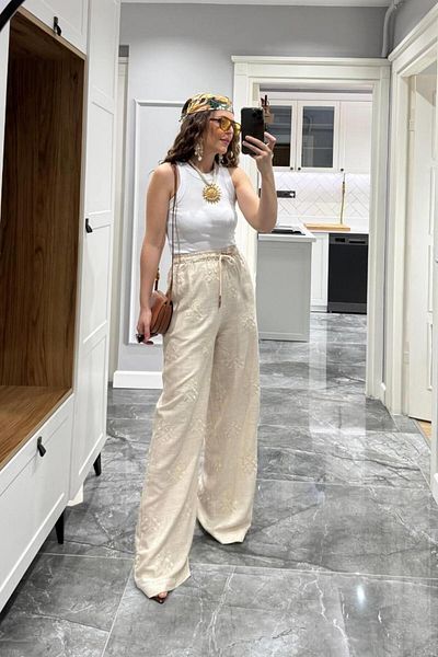 Banu Angay Pantaloni de in brodat cu talie elastică și picioare largi Natural