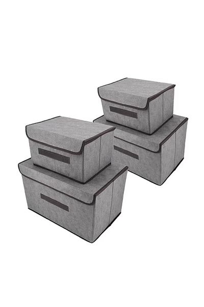 Primo Plus Pack Of 4 Foldable Storage Box With Lid (Grey)