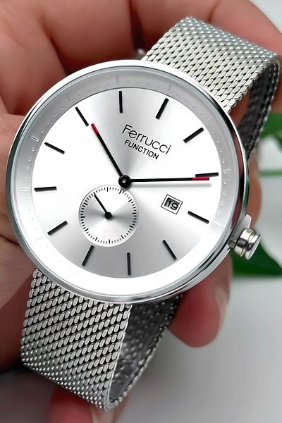 Ferrucci Men's Wrist Watch with Calendar Steel Case & Steel Cord Silver Zmfer182