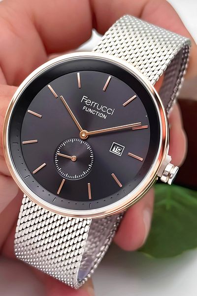 Ferrucci Men's Wristwatch with Calendar Steel Case & Steel Cord Silver-Black Zmfer182