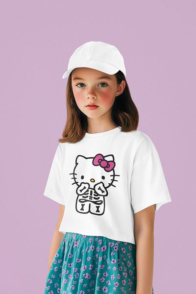 SEVBANO Tricou unisex pentru copii Bone Hello Kity imprimat (vârsta 1-12)