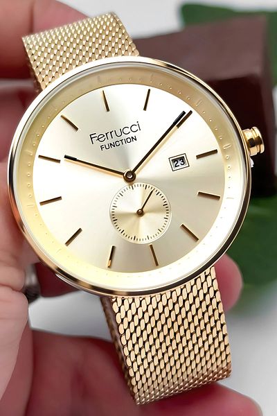 Ferrucci 3Atm Water Resistant Men's Wrist Watch, Steel Band & Special Design, Gold Sdfer161