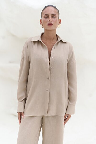 BOHEMAİ Jelsomina Oversize Beige Linen Shirt Trousers Set