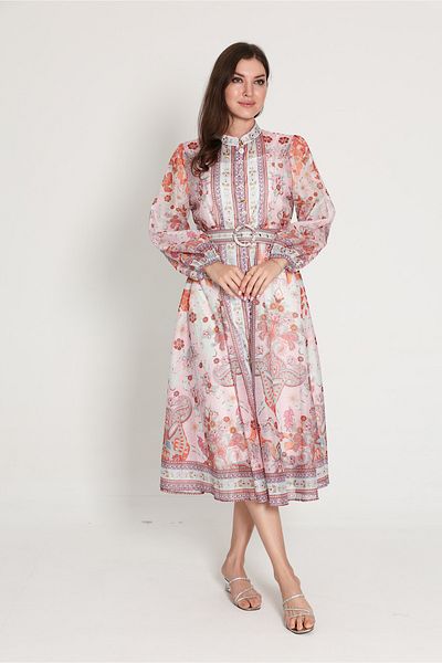 IKKXA Belted Flower Pattern Mid Length Dress