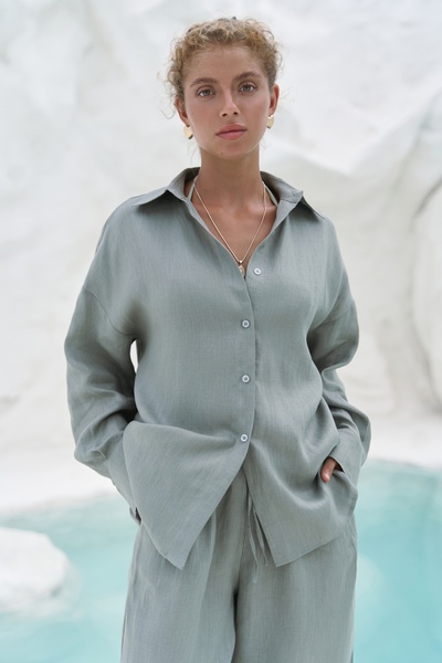 BOHEMAİ Jelsomina Oversize Mint Linen Shirt Trousers Set