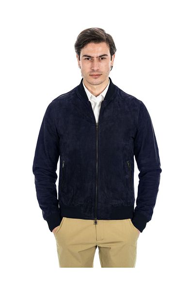 By Marki Marki Men's Navy Blue Genuine Suede Leather College Jacket – Knit Collar and Cuffs, Zippered, Lined - 504322