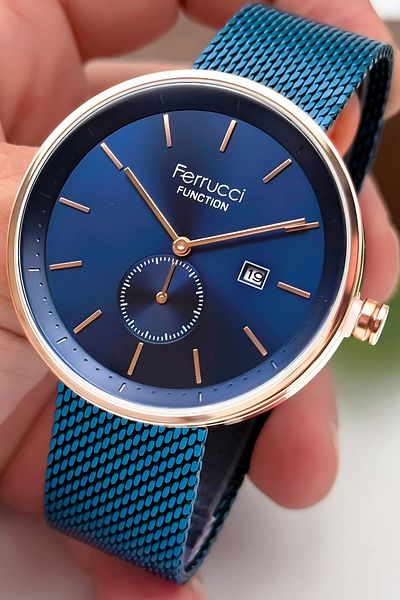 Ferrucci Men's Wristwatch with Calendar Steel Case & Steel Cord Navy Blue Zmfer182