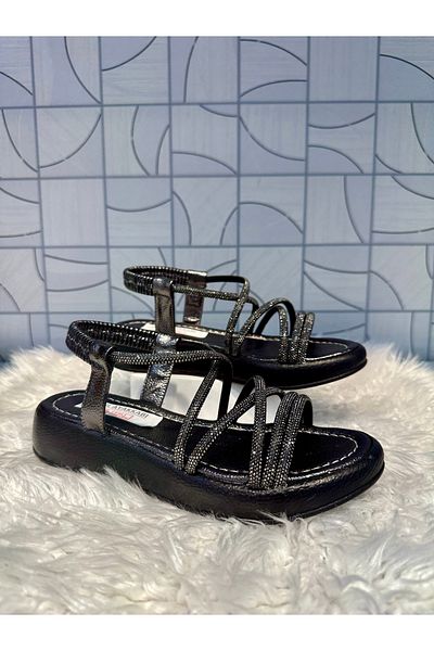 Anıl Ayakkabı Castle 35250 Platinum Stone Tape Detail Cross Style Orthopedic Sandal Shoes with Elastic Back