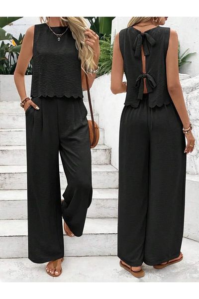soBasic Frenchy 2 Pieces Women's Solid Color Sleeveless Tank Top and Pants Suit Daily Wear Comfortable Fashionable