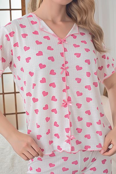 Sude HOMEWEAR Women's Knitted Fabric Pink Heart Pattern Short Sleeve Shorts Pajama Set