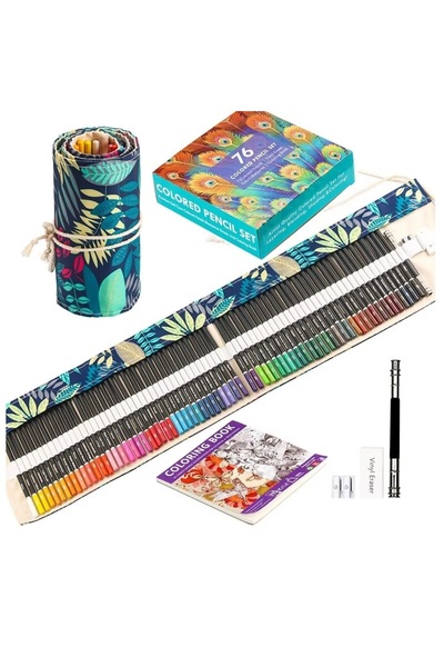 QuTek Set de creioane colorate pentru desen, schite, 76 de piese cu penar rulat si cu accesorii, Qutek