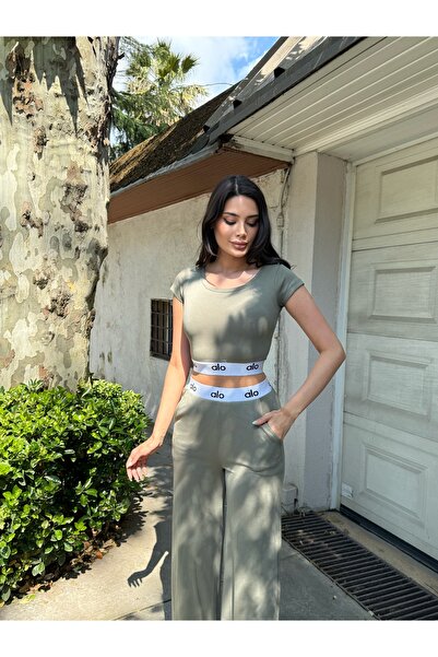 LE CARAMBOLE Women's Khaki Elastic Crop Pants Set