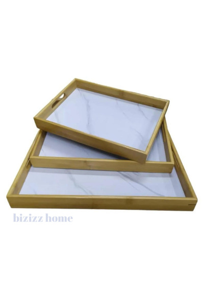 ALLEGRI 3-Piece Marble Patterned Bamboo Tray Tea Tray Quality Tray