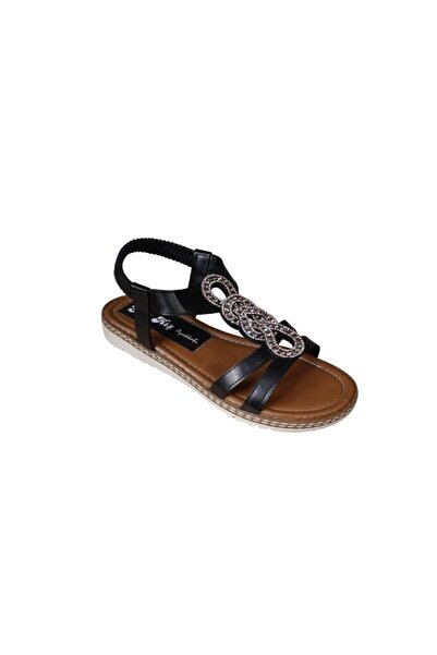 Yaz Kış Ayakkabı Yazkiş Women's Black Stone Flat Sole Sandals with Elastic Ankle