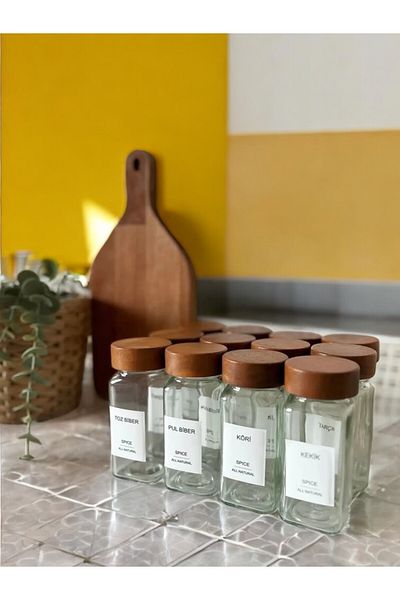 LUMİNA Set of 6 Spice Rack Glass Jar with Acacia Lid - Gift with Tag