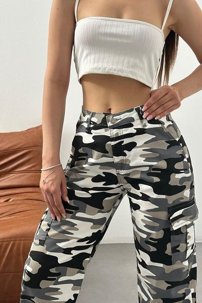 BİKELİFE White Camouflage Cargo Pocket Gabardine Fabric Trousers