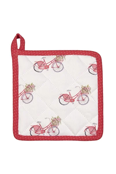 Clayre & Eef Hot Dish Holder Cotton White Red Bicycle 16cm x 16cm