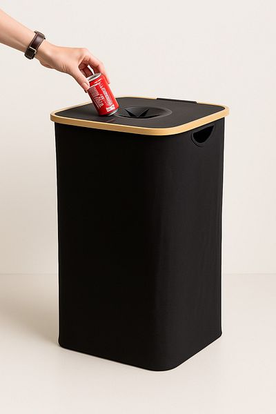 OEM Bamboo recycling bin with removable bag – large capacity, foldable, elegant