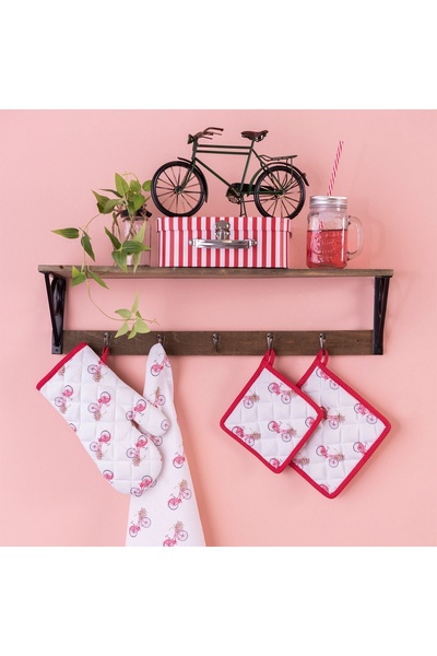 Clayre & Eef Hot Dish Holder Cotton White Red Bicycle 16cm x 16cm