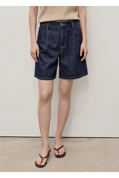 MANGO Woman Orta bel pileli denim bermuda şort