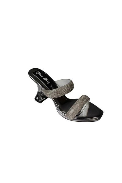 Yaz Kış Ayakkabı Yazkiş Women's Black Silver Stone 9cm Transparent Goblet Heel Slippers