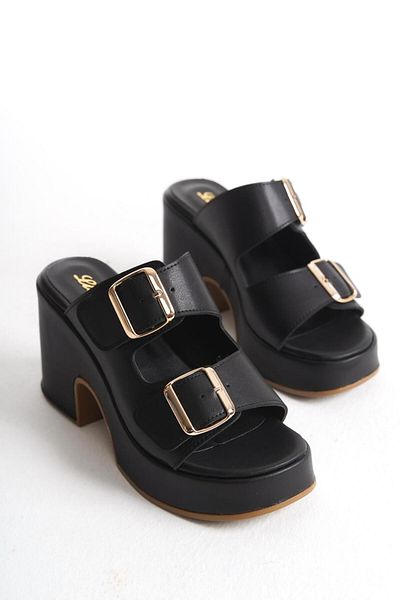LDR Women's Double Buckle Thick Heeled Slippers