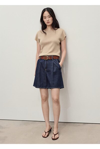 MANGO Woman Orta bel pileli denim bermuda şort
