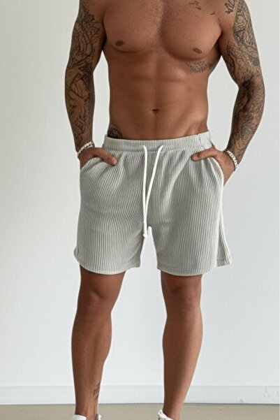 NO 601 Erkek Gri Çizgili Kumaş Rahat Bol Kalıp Şort