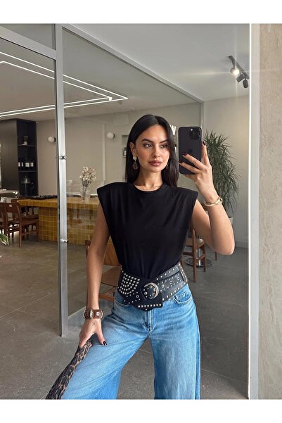 BE CHİC Women's Circle Necklace Shoulder Padded Sleeveless Sleeveless Basic Tshirt Ayd2009