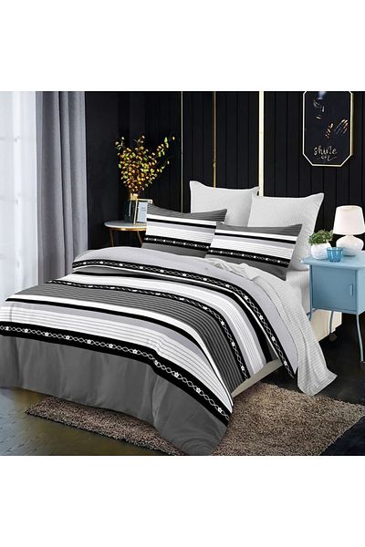 Five Store Double bed linen with elastic cover, Holmavik, mercerized cotton, multicolor, 4 pieces