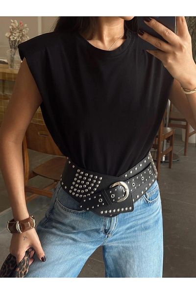 BE CHİC Women's Circle Necklace Shoulder Padded Sleeveless Sleeveless Basic Tshirt Ayd2009