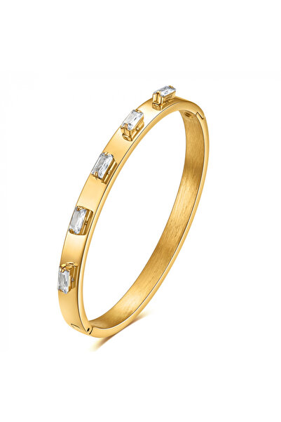 Tessero Brățară tip bangle fixă ​​cu pietre dreptunghiulare supradimensionate din zirconiu, oțel inoxidabil, închidere magnetică