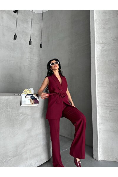 Neba Boutique Kadın Kuşaklı Bordo Yelek Pantolon Takımı
