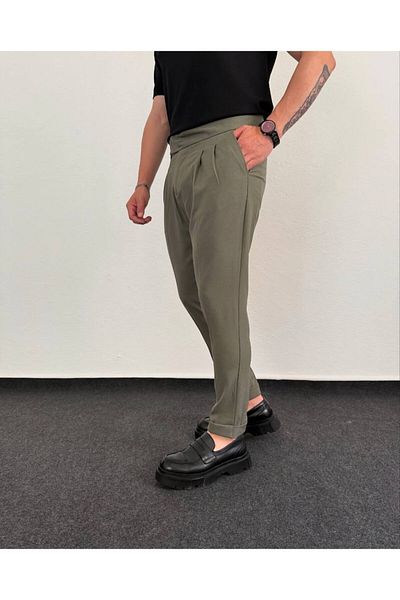 REX MODA Men's Old Money Pleated Self-Belt Fabric Trousers