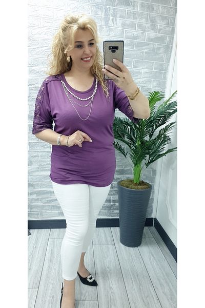 Esina Women's Lace and Pearl Necklace Detailed Half Sleeve Viscose Blouse
