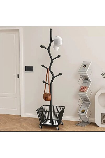 Un علاقة ملابس بشكل شجرة أنيقة مع سلة مصنوعة من المعدن المتين،اسود
